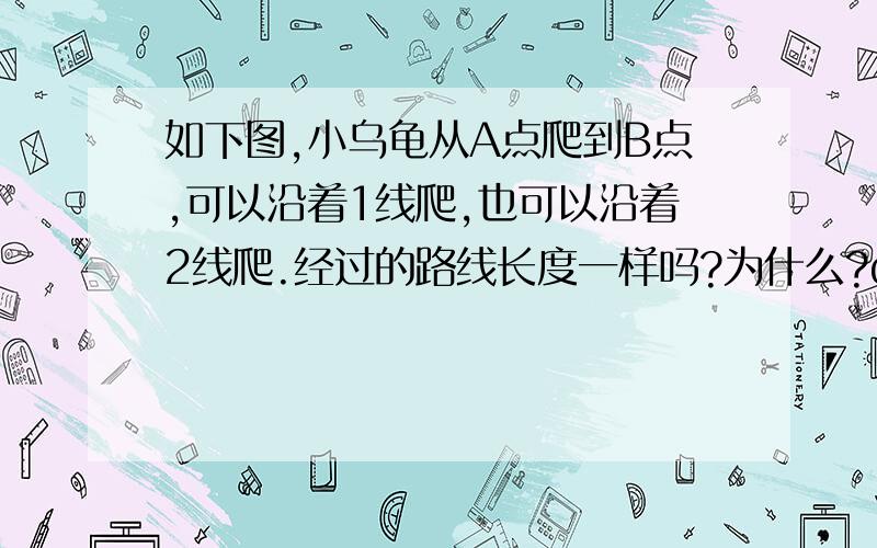 如下图,小乌龟从A点爬到B点,可以沿着1线爬,也可以沿着2线爬.经过的路线长度一样吗?为什么?d