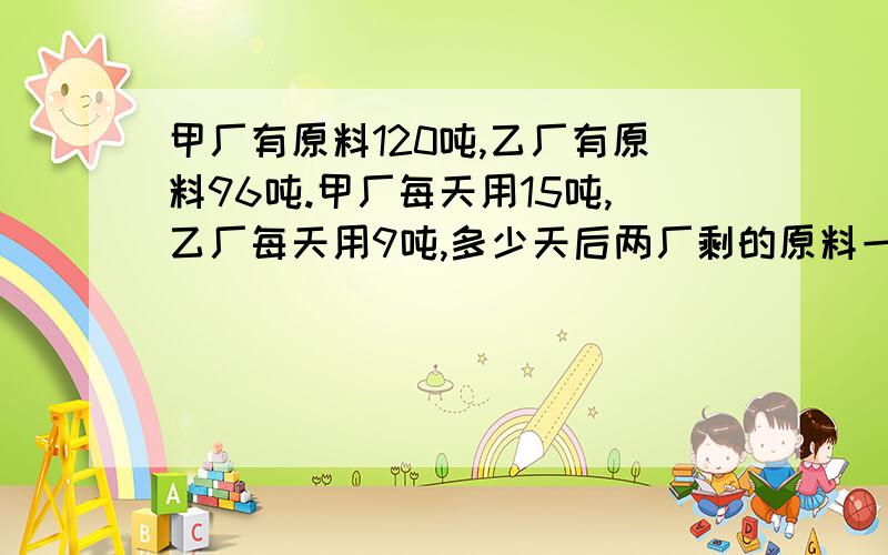 甲厂有原料120吨,乙厂有原料96吨.甲厂每天用15吨,乙厂每天用9吨,多少天后两厂剩的原料一样多?等于4吗