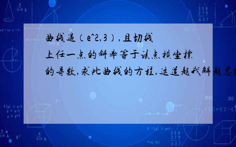 曲线过（e^2,3）,且切线上任一点的斜率等于该点横坐标的导数,求此曲线的方程,这道题我解题思路会,但是,老师最后求解的结果和我的结果有点出入,求高手指点我错在什么地方,我的疑惑在于,