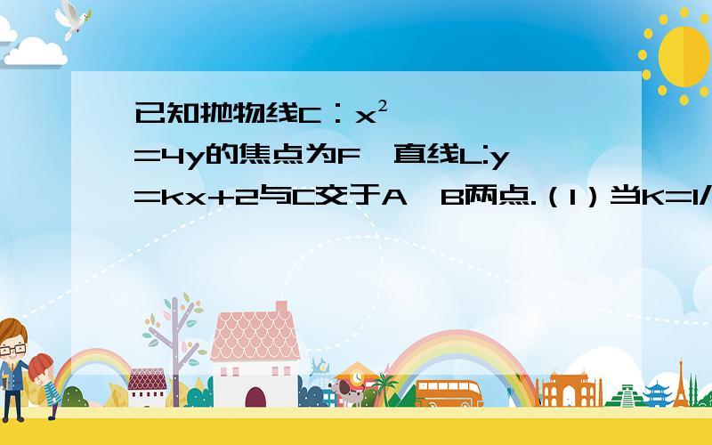 已知抛物线C：x²=4y的焦点为F,直线L:y=kx+2与C交于A、B两点.（1）当K=1/2时,求cos ∠AFB的值.(2)过A,B两点分别作抛物线C的切线,两条切线的交点为M,设线段AB的中点为N,试探究是否存在λ∈R使得向