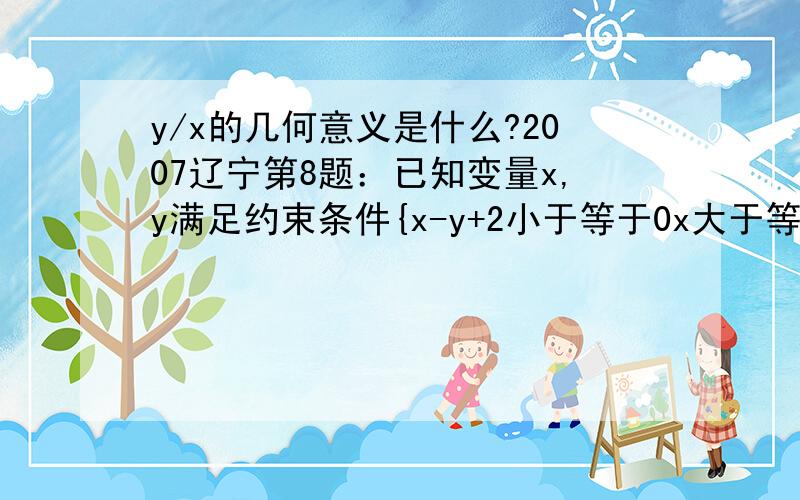 y/x的几何意义是什么?2007辽宁第8题：已知变量x,y满足约束条件{x-y+2小于等于0x大于等于1x+y-7小于等于0 则y/x的取值范围是?