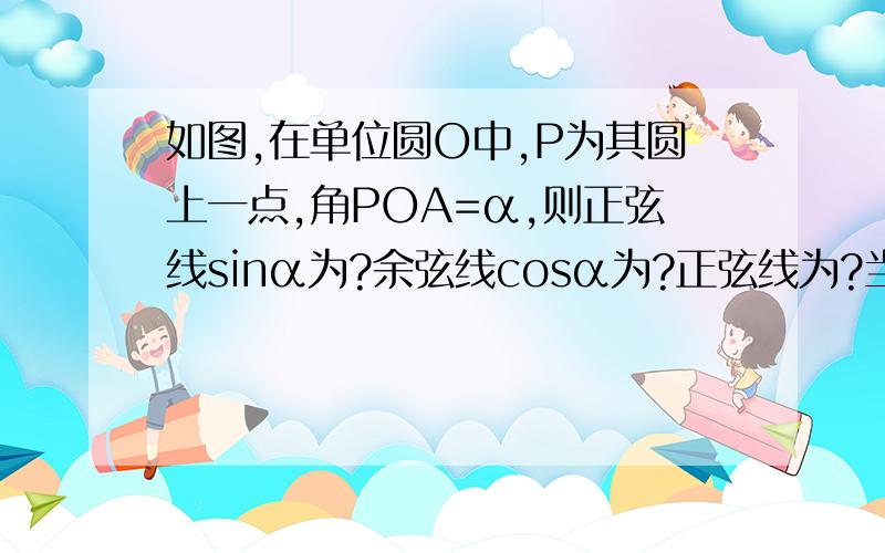 如图,在单位圆O中,P为其圆上一点,角POA=α,则正弦线sinα为?余弦线cosα为?正弦线为?当α∈（0,π/2时,sinα与α,tanα的大小关系?