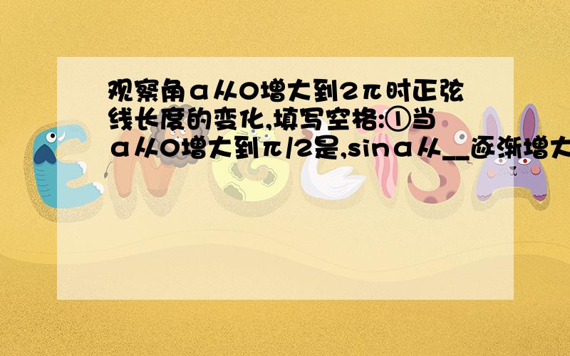 观察角α从0增大到2π时正弦线长度的变化,填写空格:①当α从0增大到π/2是,sinα从__逐渐增大到___?②当α 从π/2增大到π时,sinα从__逐渐__（增大或减小）到__?③当α从π增大到3π/2时,sinα从__逐渐_