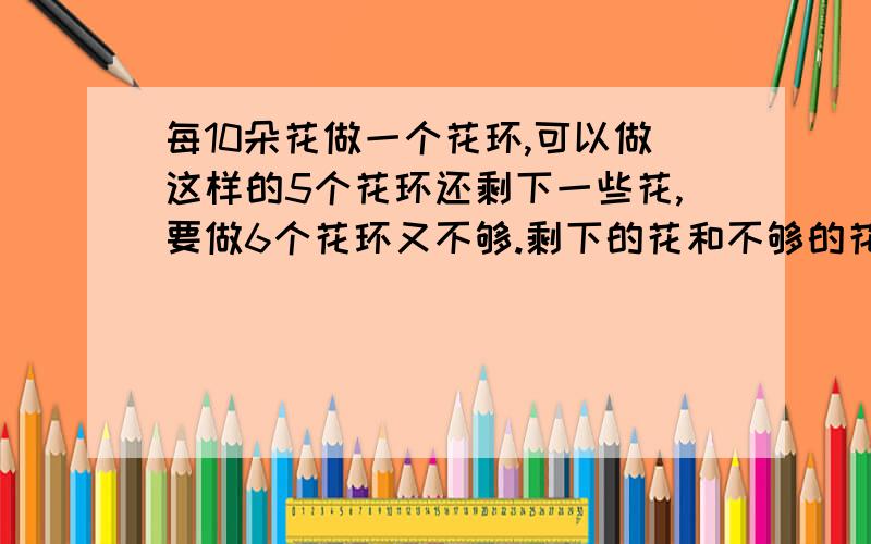 每10朵花做一个花环,可以做这样的5个花环还剩下一些花,要做6个花环又不够.剩下的花和不够的花恰好一样多,你知道有多少朵花吗?