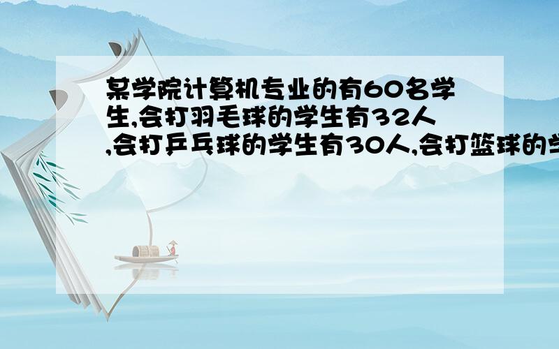 某学院计算机专业的有60名学生,会打羽毛球的学生有32人,会打乒乓球的学生有30人,会打篮球的学生有24人,只会两项的学生人数是一样多的,会三项的学生人数是只会两项人数的一半,三项都不