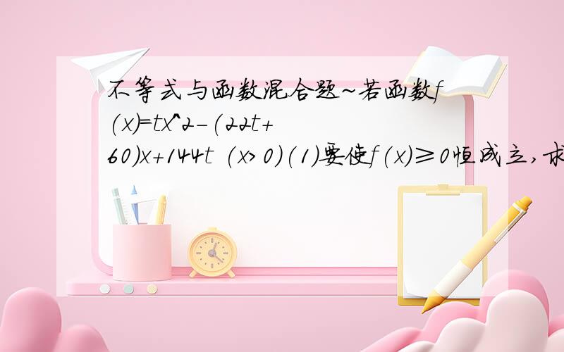 不等式与函数混合题~若函数f(x)=tx^2-(22t+60)x+144t (x>0)(1)要使f(x)≥0恒成立,求t的最小值；（2）令f(x)=0,求使t>20成立的x的取值范围.