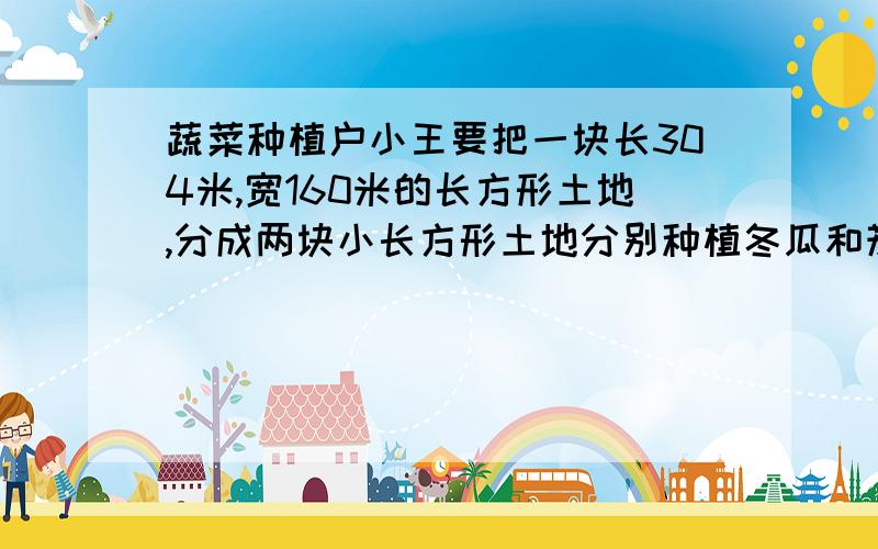 蔬菜种植户小王要把一块长304米,宽160米的长方形土地,分成两块小长方形土地分别种植冬瓜和茄子,若冬瓜和茄子两种蔬菜的单位面积产量的比是1：1.5.（1）为使冬瓜和茄子两种蔬菜的总产量