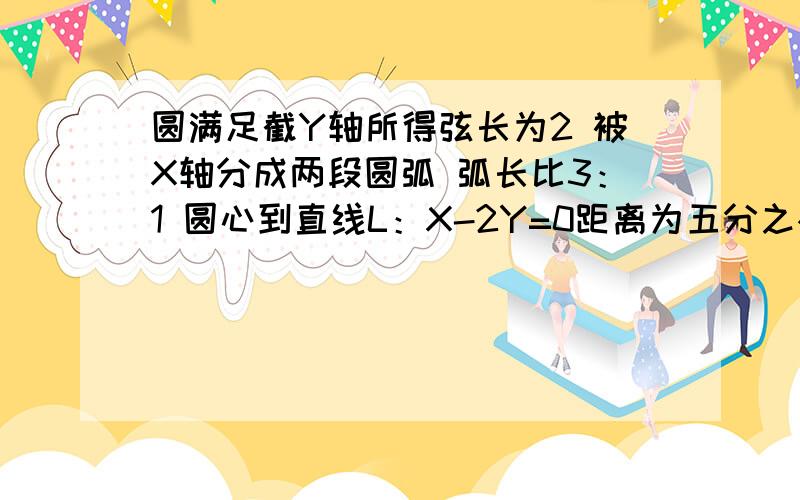 圆满足截Y轴所得弦长为2 被X轴分成两段圆弧 弧长比3：1 圆心到直线L：X-2Y=0距离为五分之根号五 该园方程