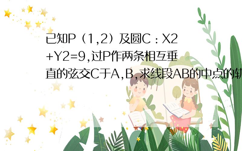 已知P（1,2）及圆C：X2+Y2=9,过P作两条相互垂直的弦交C于A,B,求线段AB的中点的轨迹方程