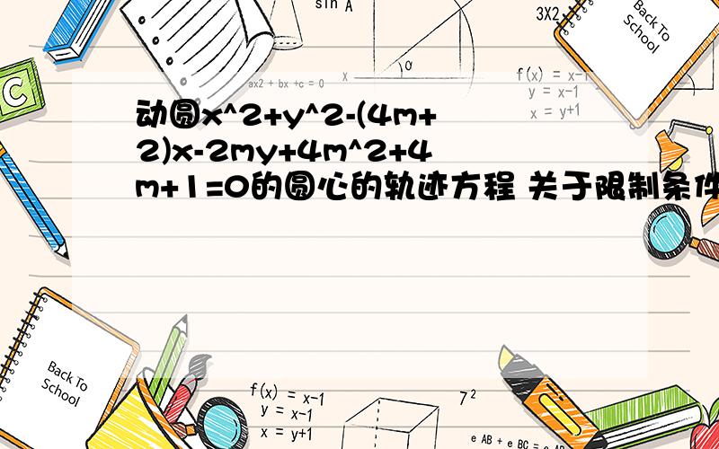 动圆x^2+y^2-(4m+2)x-2my+4m^2+4m+1=0的圆心的轨迹方程 关于限制条件有个问题解答过程配方,x^2+y^2-(4m+2)x-2my+4m^2+4m+1=0即[x-(2m+1)]^2+(y-m)^2=m^2也就是圆心为x=2m+1y=m那么x=2y+1,x-2y-1=0所以方程为（x-2y-1=0）x不