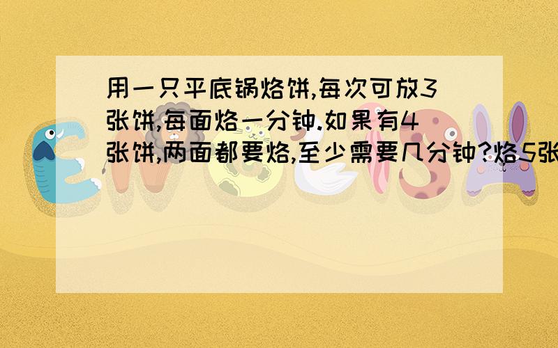用一只平底锅烙饼,每次可放3张饼,每面烙一分钟.如果有4张饼,两面都要烙,至少需要几分钟?烙5张饼呢?10张呢?(列式）