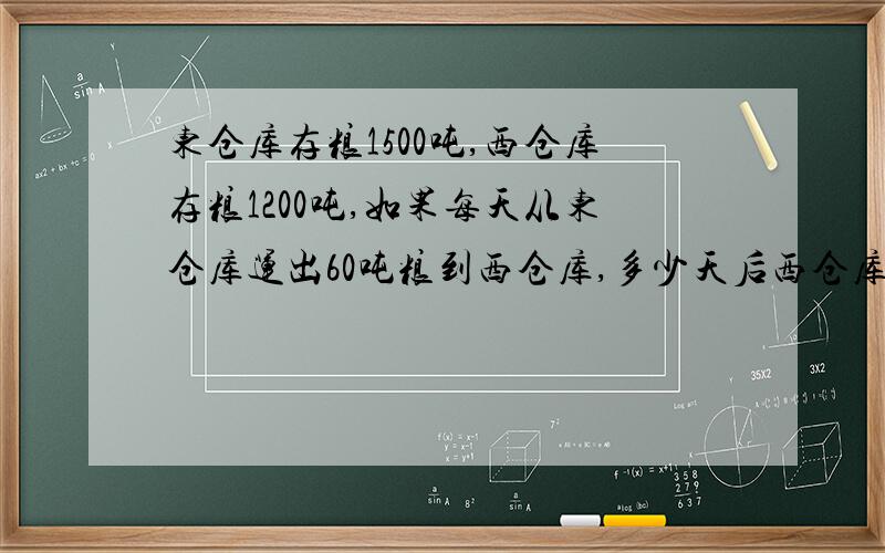 东仓库存粮1500吨,西仓库存粮1200吨,如果每天从东仓库运出60吨粮到西仓库,多少天后西仓库的存粮是东仓库的2倍?