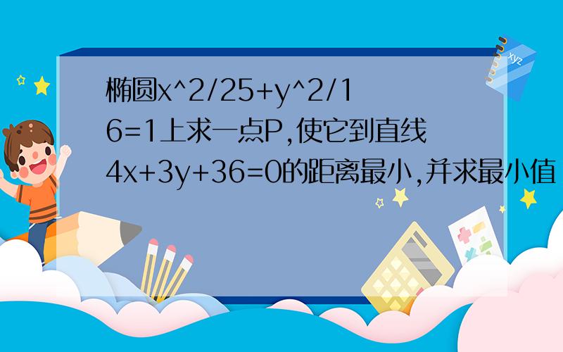 椭圆x^2/25+y^2/16=1上求一点P,使它到直线4x+3y+36=0的距离最小,并求最小值