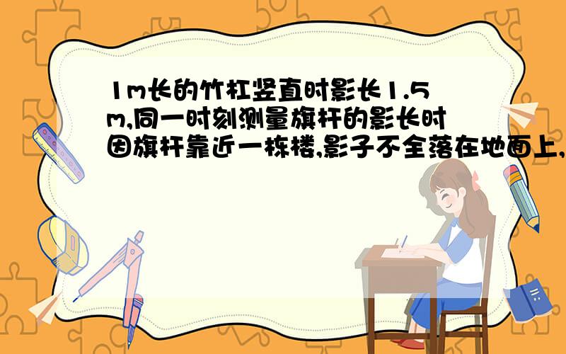 1m长的竹杠竖直时影长1.5m,同一时刻测量旗杆的影长时因旗杆靠近一栋楼,影子不全落在地面上,有一部分落在墙上,地面影长21m,落在墙上影高2m,求旗杆长度