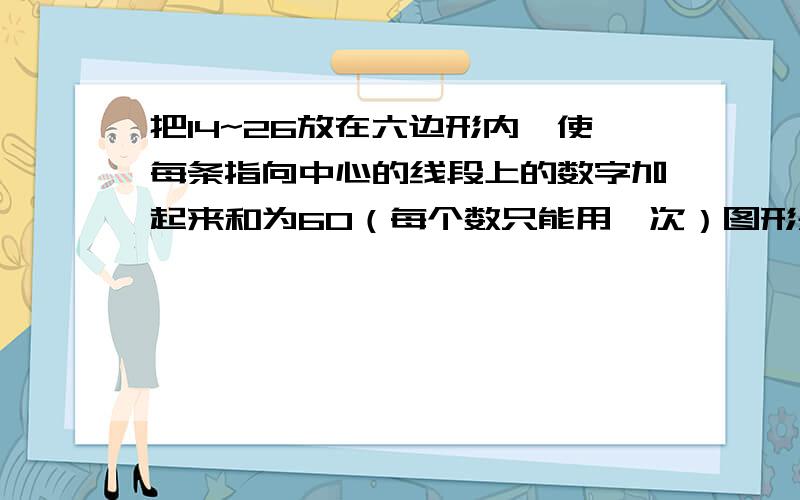 把14~26放在六边形内,使每条指向中心的线段上的数字加起来和为60（每个数只能用一次）图形是这样的- -- -- - - - -- -- - 一个点代表一个数