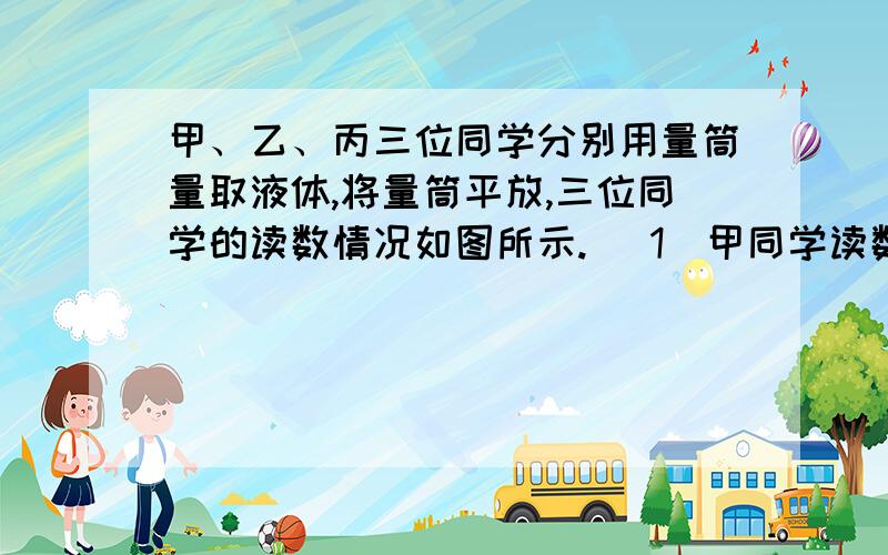 甲、乙、丙三位同学分别用量筒量取液体,将量筒平放,三位同学的读数情况如图所示. (1)甲同学读数(填“大于”“小于”或“等于”,下同)（  ）20毫升;乙同学读数（  ）20毫升;丙同学读数（