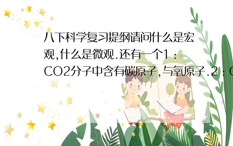 八下科学复习提纲请问什么是宏观,什么是微观.还有一个1：CO2分子中含有碳原子,与氧原子.2：CO2分子中含有两个氧原子,与一个碳原子.3：二氧化碳中含有两个氧原子,与一个碳原子.4：二氧化