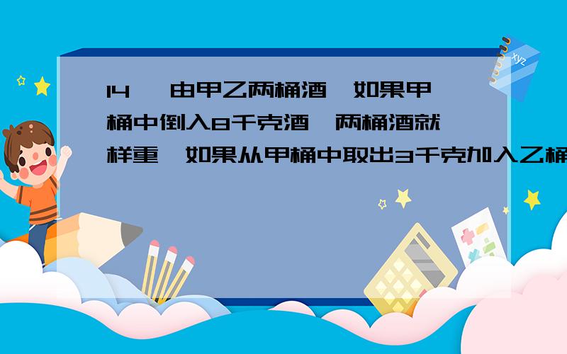 14、 由甲乙两桶酒,如果甲桶中倒入8千克酒,两桶酒就一样重,如果从甲桶中取出3千克加入乙桶,那乙桶的酒