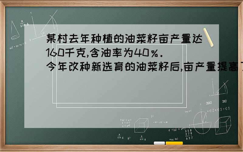 某村去年种植的油菜籽亩产量达160千克,含油率为40％.今年改种新选育的油菜籽后,亩产量提高了20千克,含油率提高了10个百分点.①今年与去年相比,这个村的油菜种植面积减少了44亩,而村榨油