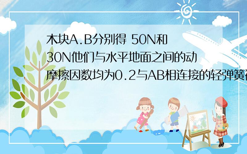 木块A.B分别得 50N和 30N他们与水平地面之间的动摩擦因数均为0.2与AB相连接的轻弹簧被压缩了5厘米系统置于水平地面静止不动一直弹簧进度系数为100N/m用F=1N的不变力作用在木块A上求力作用后