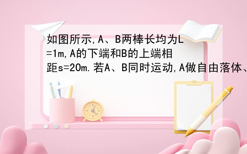 如图所示,A、B两棒长均为L=1m,A的下端和B的上端相距s=20m.若A、B同时运动,A做自由落体、 B做竖直上抛,