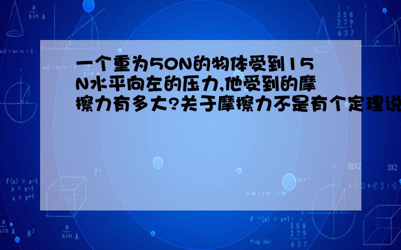 一个重为50N的物体受到15N水平向左的压力,他受到的摩擦力有多大?关于摩擦力不是有个定理说是：压力越大,摩擦力越大?