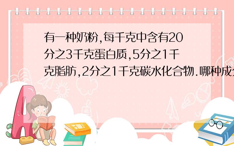 有一种奶粉,每千克中含有20分之3千克蛋白质,5分之1千克脂肪,2分之1千克碳水化合物.哪种成分的含量最高?哪种成分的含量最低?