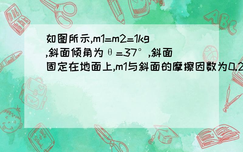 如图所示,m1=m2=1kg,斜面倾角为θ=37°,斜面固定在地面上,m1与斜面的摩擦因数为0.25,m2悬空离地面高度h=0.8m,系统由静止开始运动．求当m2落地后m1还能向上滑行多远?（斜面足够长）（g取10m/s2）斜