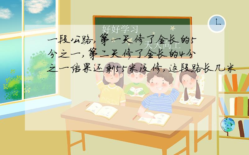 一段公路,第一天修了全长的5分之一,第二天修了全长的4分之一结果还剩55米没修,这段路长几米