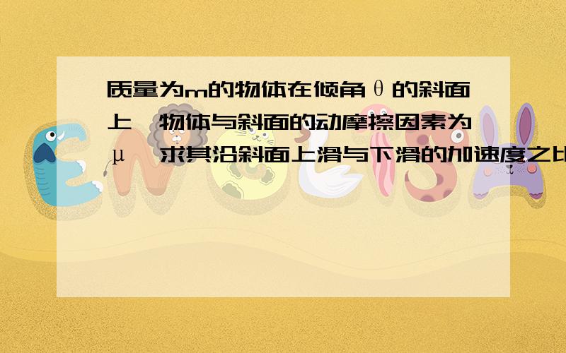 质量为m的物体在倾角θ的斜面上,物体与斜面的动摩擦因素为μ,求其沿斜面上滑与下滑的加速度之比A.(sinθ-μcosθ):(cosθ-μsinθ)B.(sinθ+μcosθ):(sinθ-μcosθ)C.(sinθ+μcosθ):cosθD.μcosθ:(sinθ-μcosθ)我们