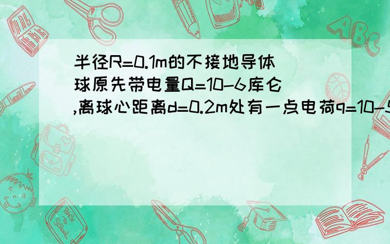 半径R=0.1m的不接地导体球原先带电量Q=10-6库仑,离球心距离d=0.2m处有一点电荷q=10-5库仑,求点电荷q受力