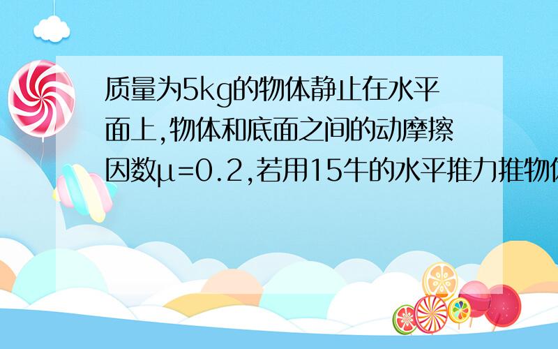 质量为5kg的物体静止在水平面上,物体和底面之间的动摩擦因数μ=0.2,若用15牛的水平推力推物体,经过4s1 物体运动的加速度多大?2 这4s内物体的位移多大?3 这4秒内和外力对物体做了多少功?