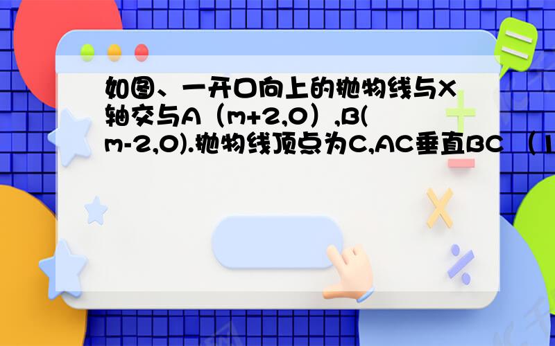 如图、一开口向上的抛物线与X轴交与A（m+2,0）,B(m-2,0).抛物线顶点为C,AC垂直BC （1）若m为常数,求函数解析式...(2)若m为小于0的常数.那么（1）中抛物线怎样平移可以使顶点在坐标原点?...（3）