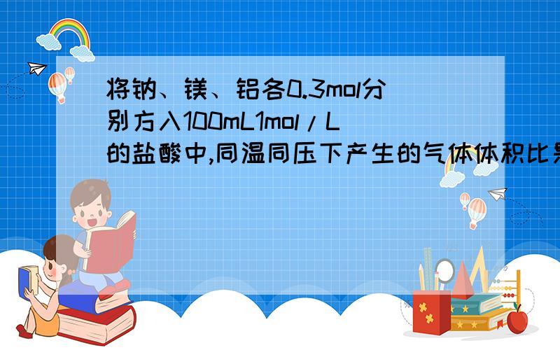 将钠、镁、铝各0.3mol分别方入100mL1mol/L的盐酸中,同温同压下产生的气体体积比是?说明一下为什么?