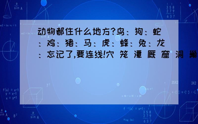 动物都住什么地方?鸟：狗：蛇：鸡：猪：马：虎：蜂：兔：龙：忘记了,要连线!穴 笼 潭 厩 窟 洞 巢 窝 圈 房