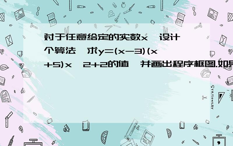 对于任意给定的实数x,设计一个算法,求y=(x-3)(x+5)x^2+2的值,并画出程序框图.如果没图,说说算法也没关系,主要是算法!