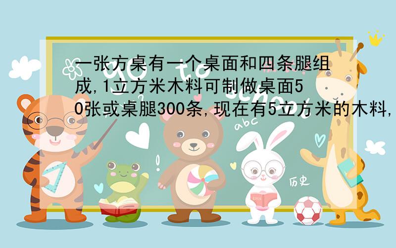 一张方桌有一个桌面和四条腿组成,1立方米木料可制做桌面50张或桌腿300条,现在有5立方米的木料,问用多少木料制作桌面,多少木料制作桌腿,正好配成方桌多少张.（用一元一次式方程解