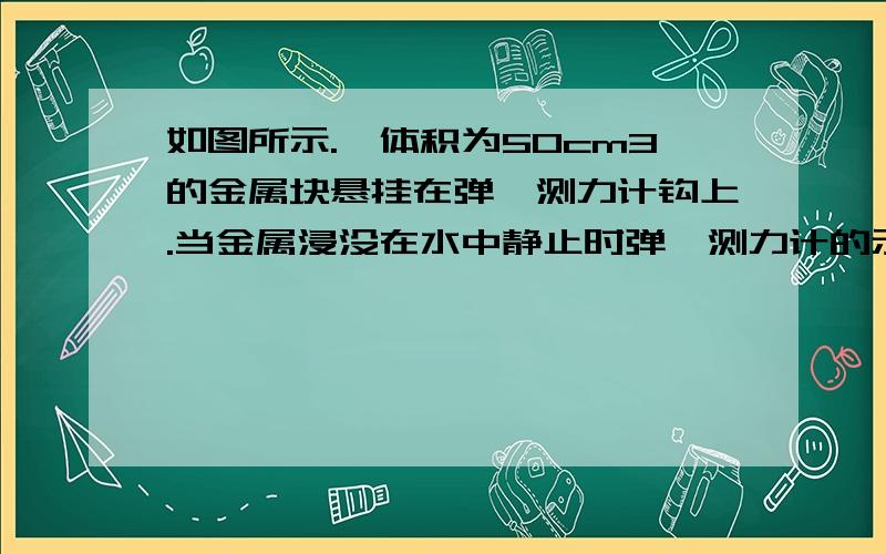 如图所示.一体积为50cm3的金属块悬挂在弹簧测力计钩上.当金属浸没在水中静止时弹簧测力计的示数是3.5N就这金属块的密度       图：就是一个金属块浸没在水中   弹簧测力计在测量求你们了