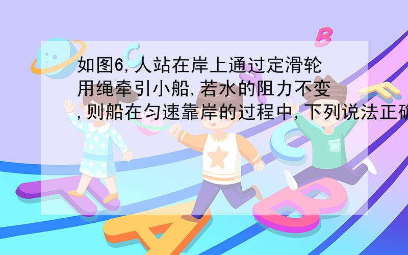 如图6,人站在岸上通过定滑轮用绳牵引小船,若水的阻力不变,则船在匀速靠岸的过程中,下列说法正确的是：A．船受的浮力不断增大B．船受的浮力不断减小C．绳的拉力保持不变D．绳的拉力不