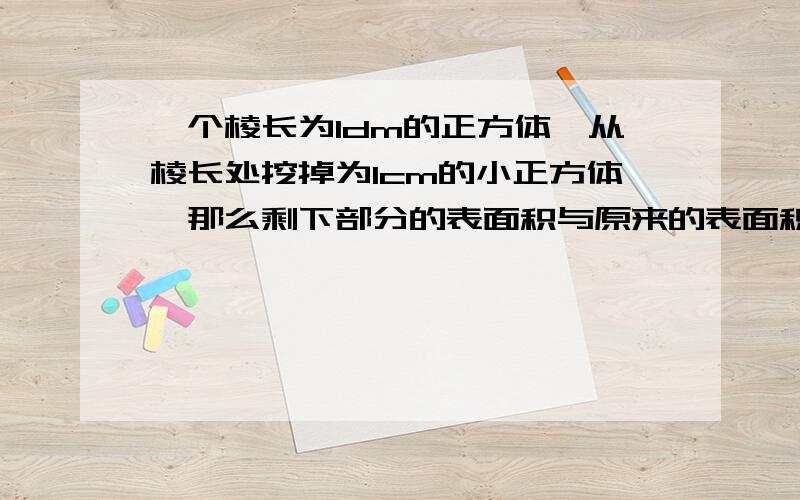 一个棱长为1dm的正方体,从棱长处挖掉为1cm的小正方体,那么剩下部分的表面积与原来的表面积相比有什么变化?