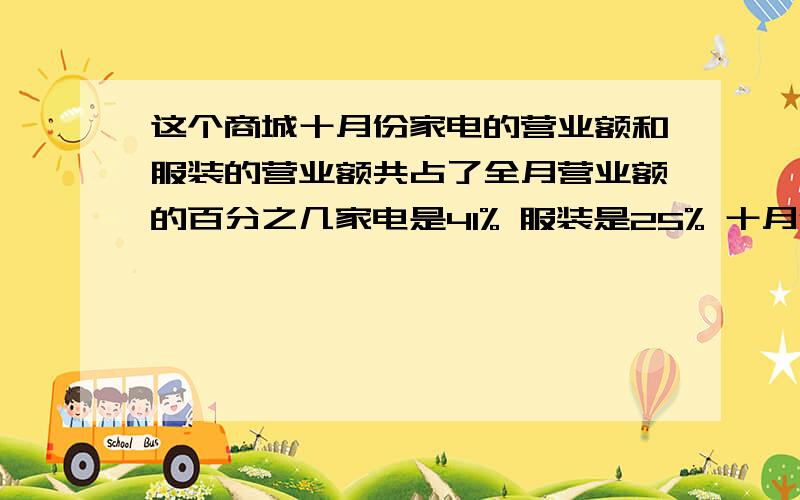 这个商城十月份家电的营业额和服装的营业额共占了全月营业额的百分之几家电是41% 服装是25% 十月份：500万元