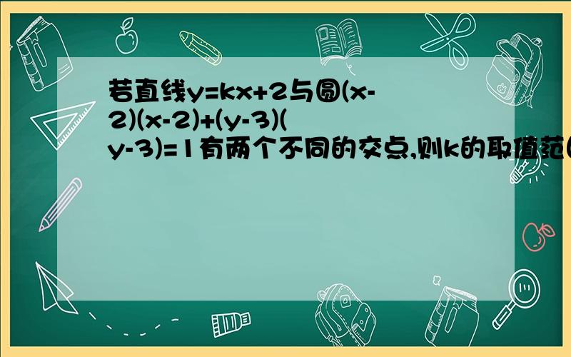 若直线y=kx+2与圆(x-2)(x-2)+(y-3)(y-3)=1有两个不同的交点,则k的取值范围是?