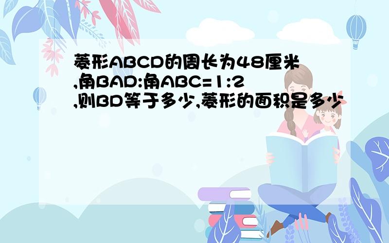 菱形ABCD的周长为48厘米,角BAD:角ABC=1:2,则BD等于多少,菱形的面积是多少