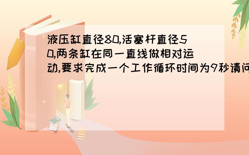 液压缸直径80,活塞杆直径50,两条缸在同一直线做相对运动,要求完成一个工作循环时间为9秒请问配多大的泵最好使叶片泵,配多大电机.