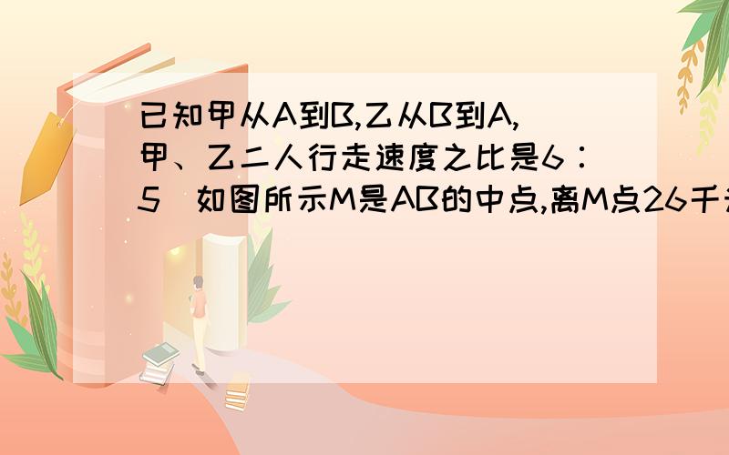 已知甲从A到B,乙从B到A,甲、乙二人行走速度之比是6∶5．如图所示M是AB的中点,离M点26千米处有一点C（靠近A点）,离M点4千米处有一点D（靠近B点）,谁经过C点都要减速1/4,经过D点都要加速1/4.现