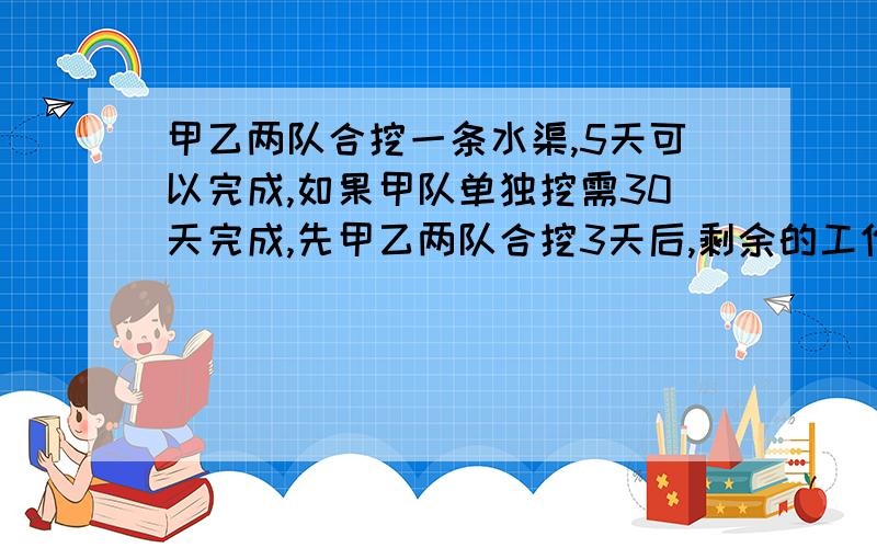 甲乙两队合挖一条水渠,5天可以完成,如果甲队单独挖需30天完成,先甲乙两队合挖3天后,剩余的工作由甲单用方程.快我急用