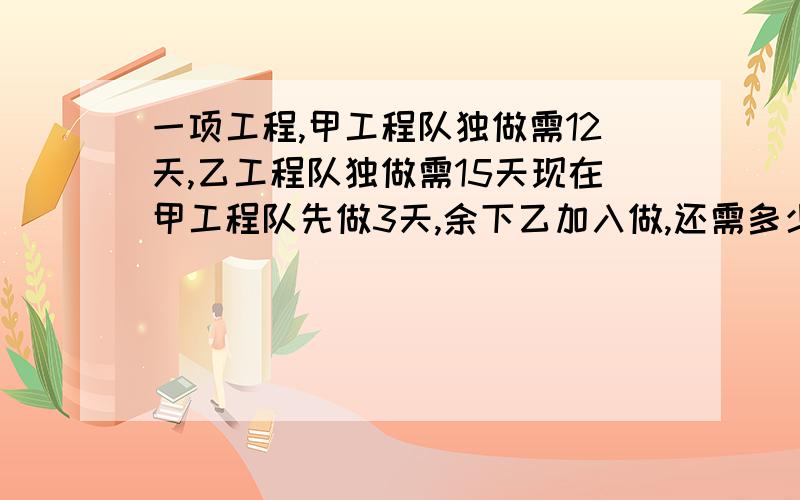 一项工程,甲工程队独做需12天,乙工程队独做需15天现在甲工程队先做3天,余下乙加入做,还需多少天完