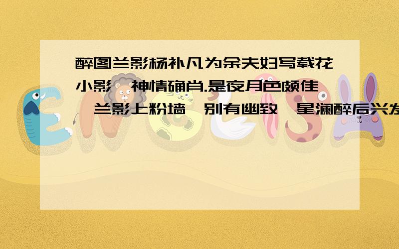 醉图兰影杨补凡为余夫妇写载花小影,神情确肖.是夜月色颇佳,兰影上粉墙,别有幽致,星澜醉后兴发曰：“补凡能为君写真,我能为花图影.”余笑曰：“花影能如人影否?”星澜取素纸铺于墙,即