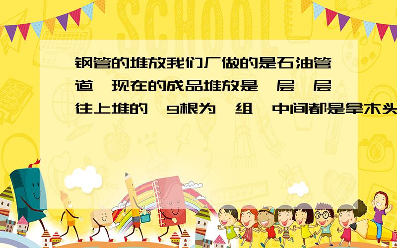 钢管的堆放我们厂做的是石油管道,现在的成品堆放是一层一层往上堆的,9根为一组,中间都是拿木头夹在中间,两旁根据实际的情况用三角木块卡死,行车上用的是进口的磁盘装置,不怎么适用,