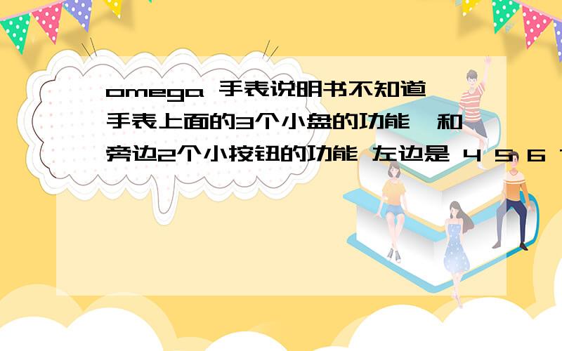 omega 手表说明书不知道手表上面的3个小盘的功能,和旁边2个小按钮的功能 左边是 4 5 6 7 1右边是 31 15下面是 3 2 看是知道给我说下谢谢